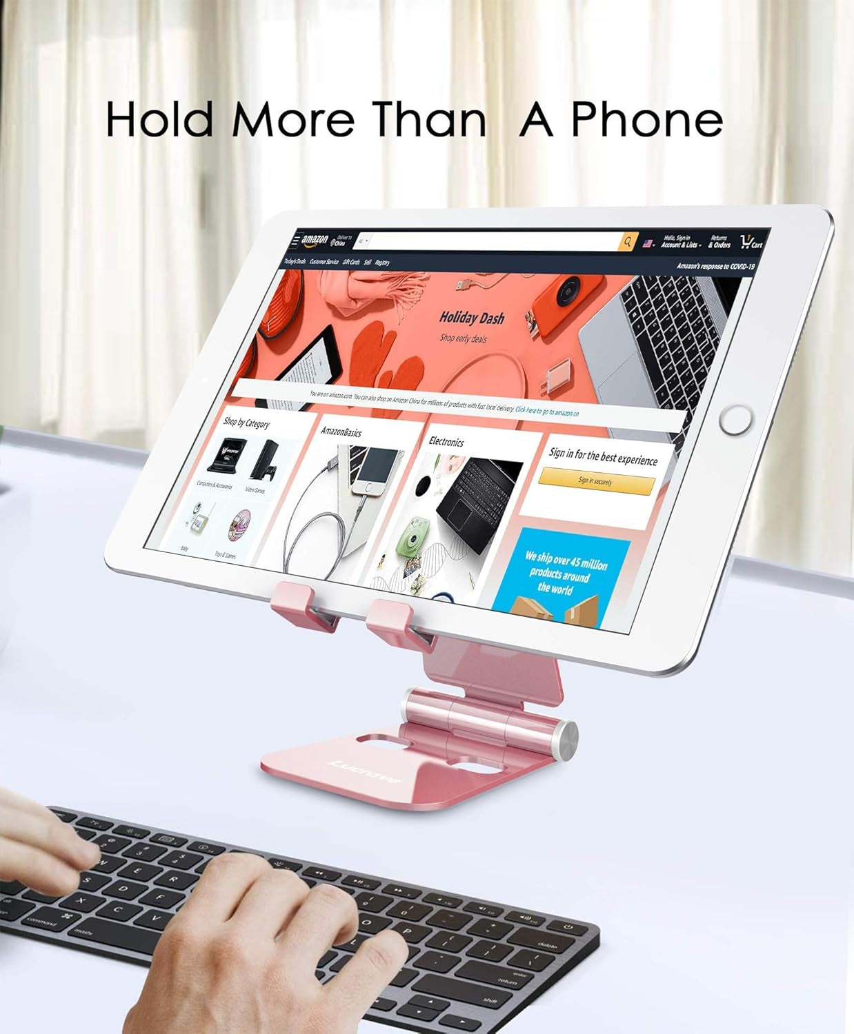 Adjustable Desktop Phone Stand - Fully Foldable Cradle Compatible with All Android and iPhone Models (Including iPhone 11 Max, XS, XR, 8, 7 Plus) and Tablets (7-10") - Rose Gold