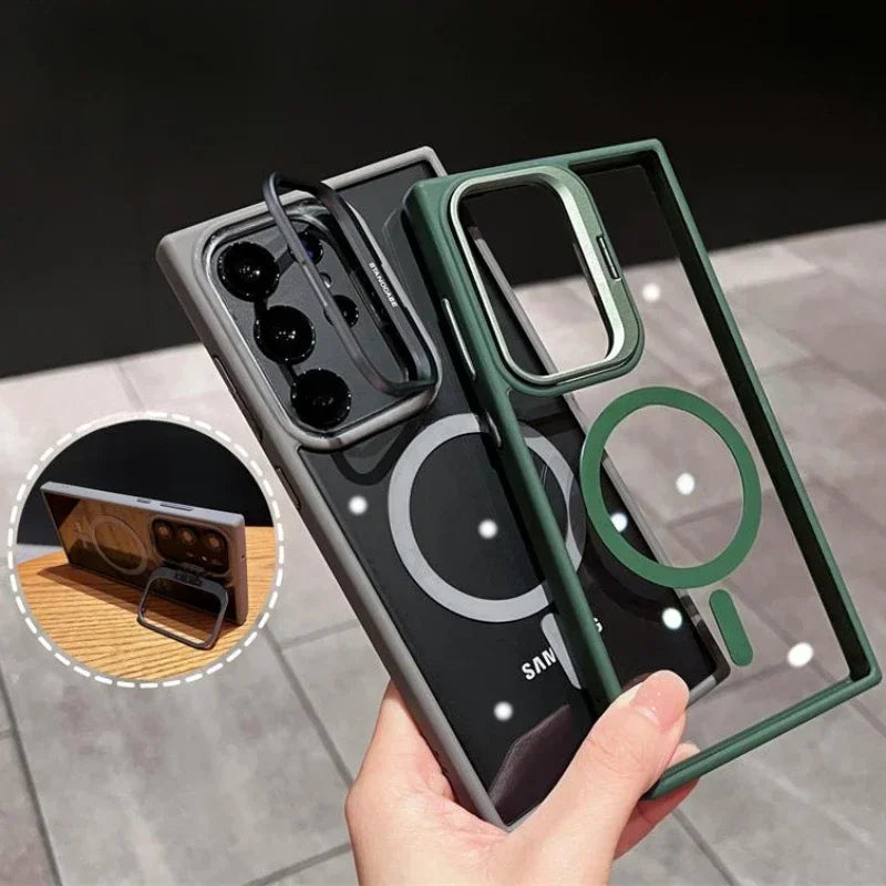 For Magsafe Hidden Holder Clear Case for Samsung Galaxy S25 S24 Ultra S22 plus S23 FE Shockproof Magnetic Wirelesss Charge Cover