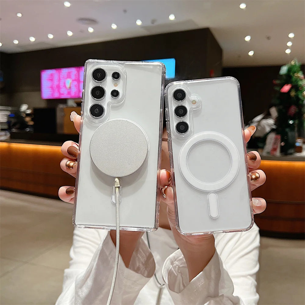 MagSafe Magnetic Charging Phone Case for Samsung Galaxy S25, S24, S23 Ultra, S22 Plus, S21 FE, A16, A15, A35, A55 - Clear Acrylic Slim Design