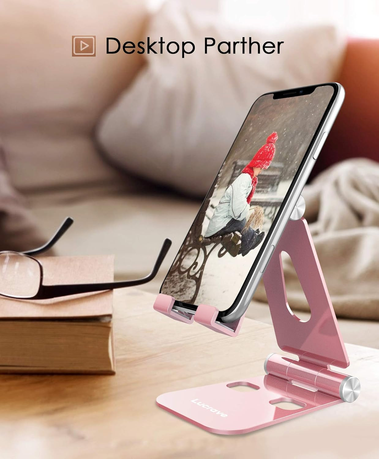 Adjustable Desktop Phone Stand - Fully Foldable Cradle Compatible with All Android and iPhone Models (Including iPhone 11 Max, XS, XR, 8, 7 Plus) and Tablets (7-10") - Rose Gold