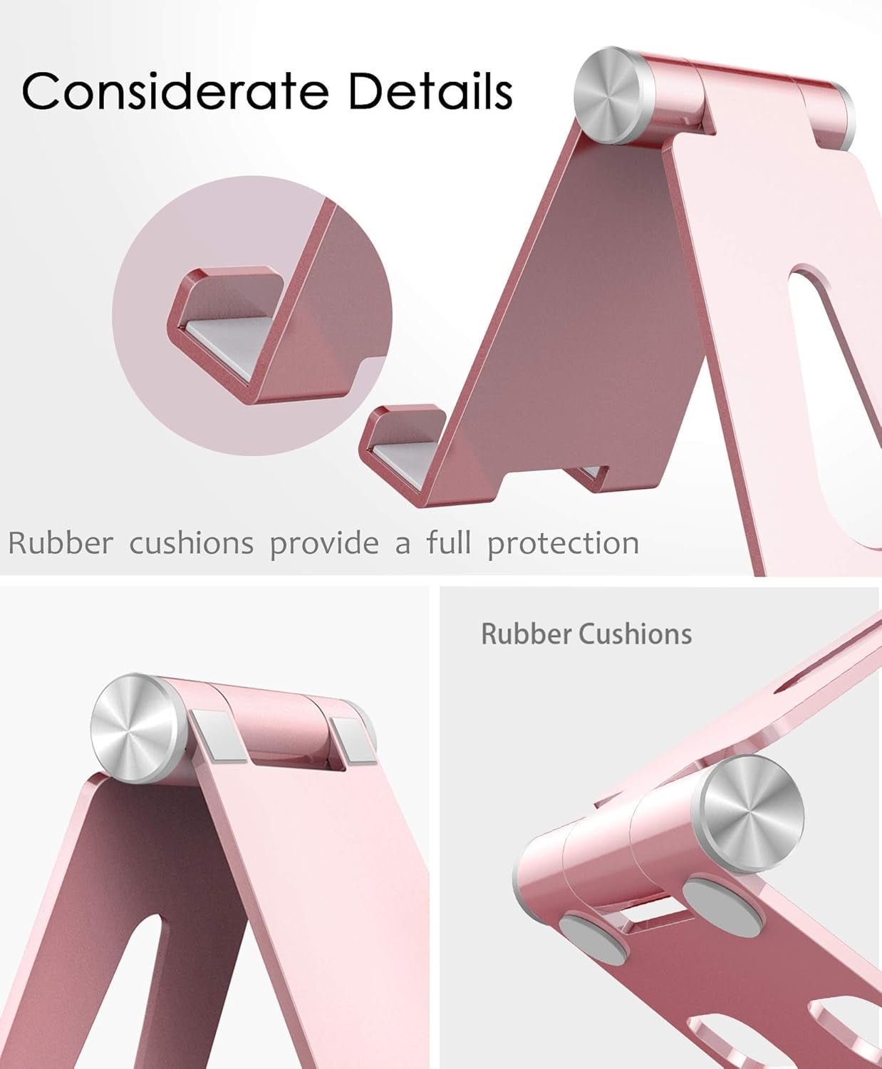 Adjustable Desktop Phone Stand - Fully Foldable Cradle Compatible with All Android and iPhone Models (Including iPhone 11 Max, XS, XR, 8, 7 Plus) and Tablets (7-10") - Rose Gold