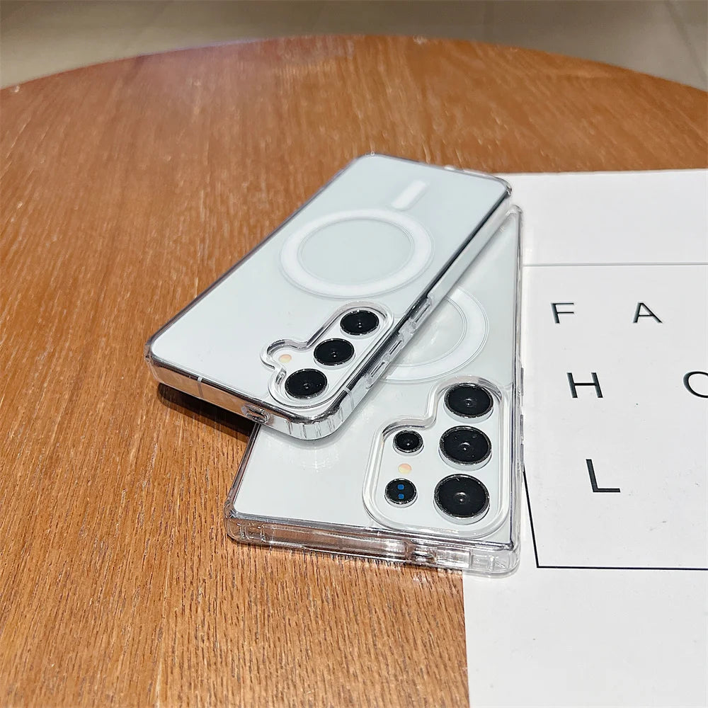 MagSafe Magnetic Charging Phone Case for Samsung Galaxy S25, S24, S23 Ultra, S22 Plus, S21 FE, A16, A15, A35, A55 - Clear Acrylic Slim Design