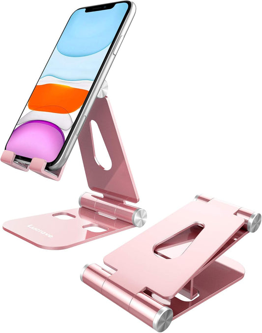 Adjustable Desktop Phone Stand - Fully Foldable Cradle Compatible with All Android and iPhone Models (Including iPhone 11 Max, XS, XR, 8, 7 Plus) and Tablets (7-10") - Rose Gold
